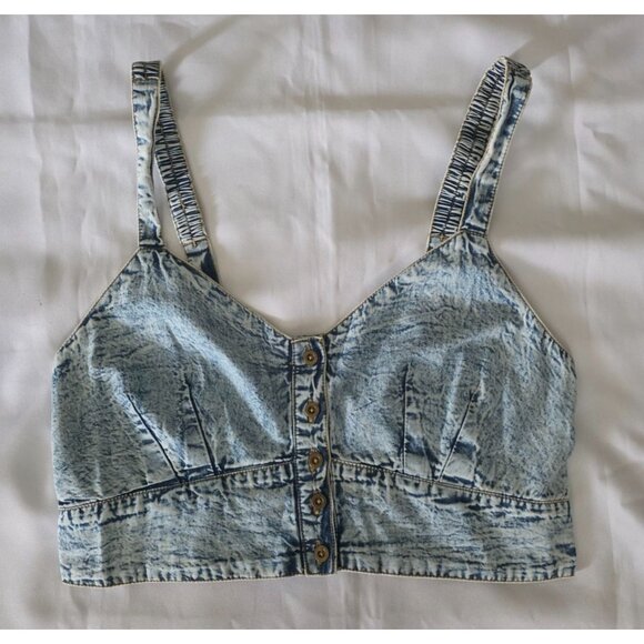 Live 4 Truth Stone Wash Shirred Back Button Front Denim Bralette Cropped Top L - Picture 4 of 12